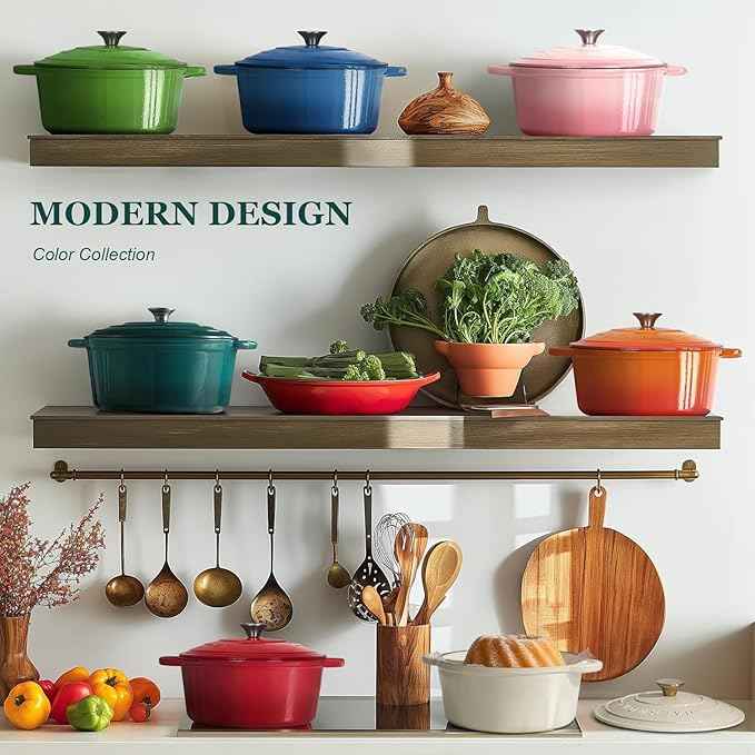 Overmont Enameled Cast Iron Dutch Oven - 5.5QT Pot with Lid Cookbook & Cotton Potholders - Heavy-Duty Cookware for Braising, Stews, Roasting, Bread Baking bottle green