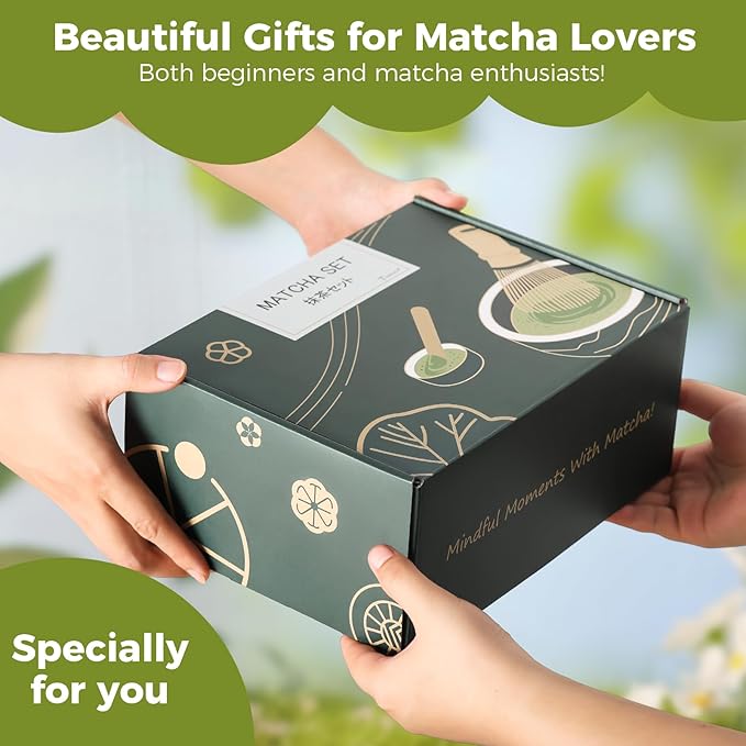 Matcha Whisk Set - Bamboo Whisk and Holder, Bowl with Spout (17 oz), Matcha Sifter and Scoop, 5 Pcs Cute Matcha Kit Set Gift for Matcha Lovers (Bluish Green)