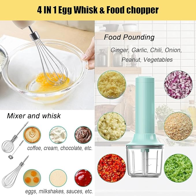 Hand Mixer with Whisk and Forther Wand,Electric Whisk, Milk Frother, Hand Held Mixers,Cordless Hand Mixer, Whisks for Cooking, Mini Mixer,Stirrers Electric,Food Chopper, Baby Food Maker,4-Speed, 10Oz