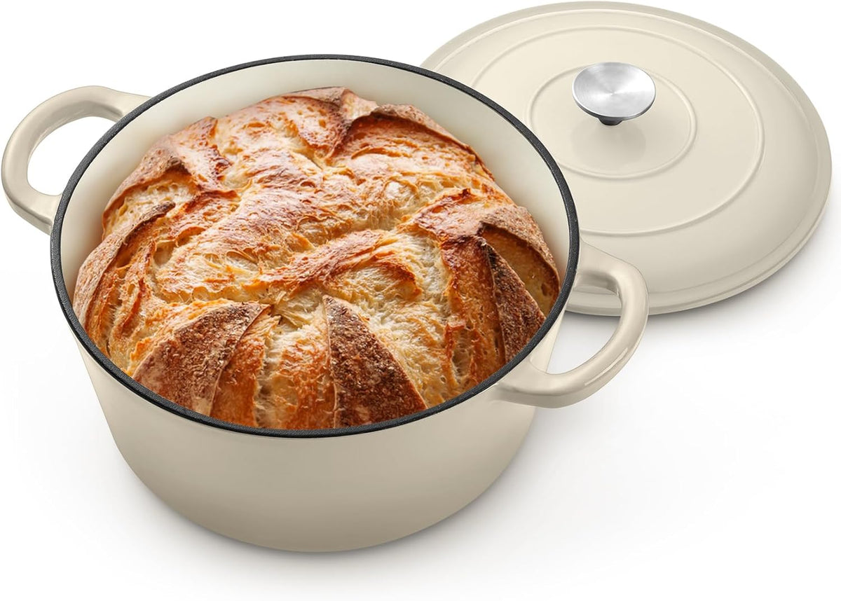 P&P CHEF 5QT Enameled Dutch Oven, Cast Iron Dutch Oven Pot with Lid for Bread Baking, Enameled Casserole Pot for Roasting Braising Stewing Frying Simmering, Various Stoves & Easy Clean, Khaki