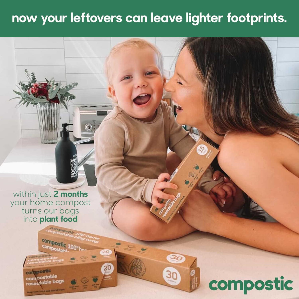 Compostic Home Compostable Resealable Snack Bags (6"x 3.5"), Microwave & Freezer Safe, Organic Food Storage Container, 100 Count