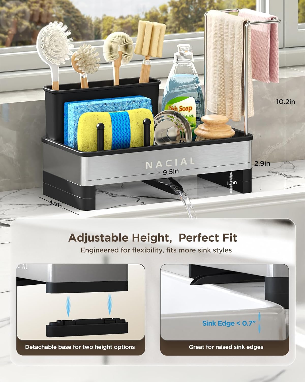 Nacial Kitchen Sink Caddy Organzier with High Brush Holder, Sponge Holder for Kitchen Sink with Two Towel Racks & Soap Dispenser- Rustproof 304 Stainless Steel Kitchen Countertop Storage Essentials