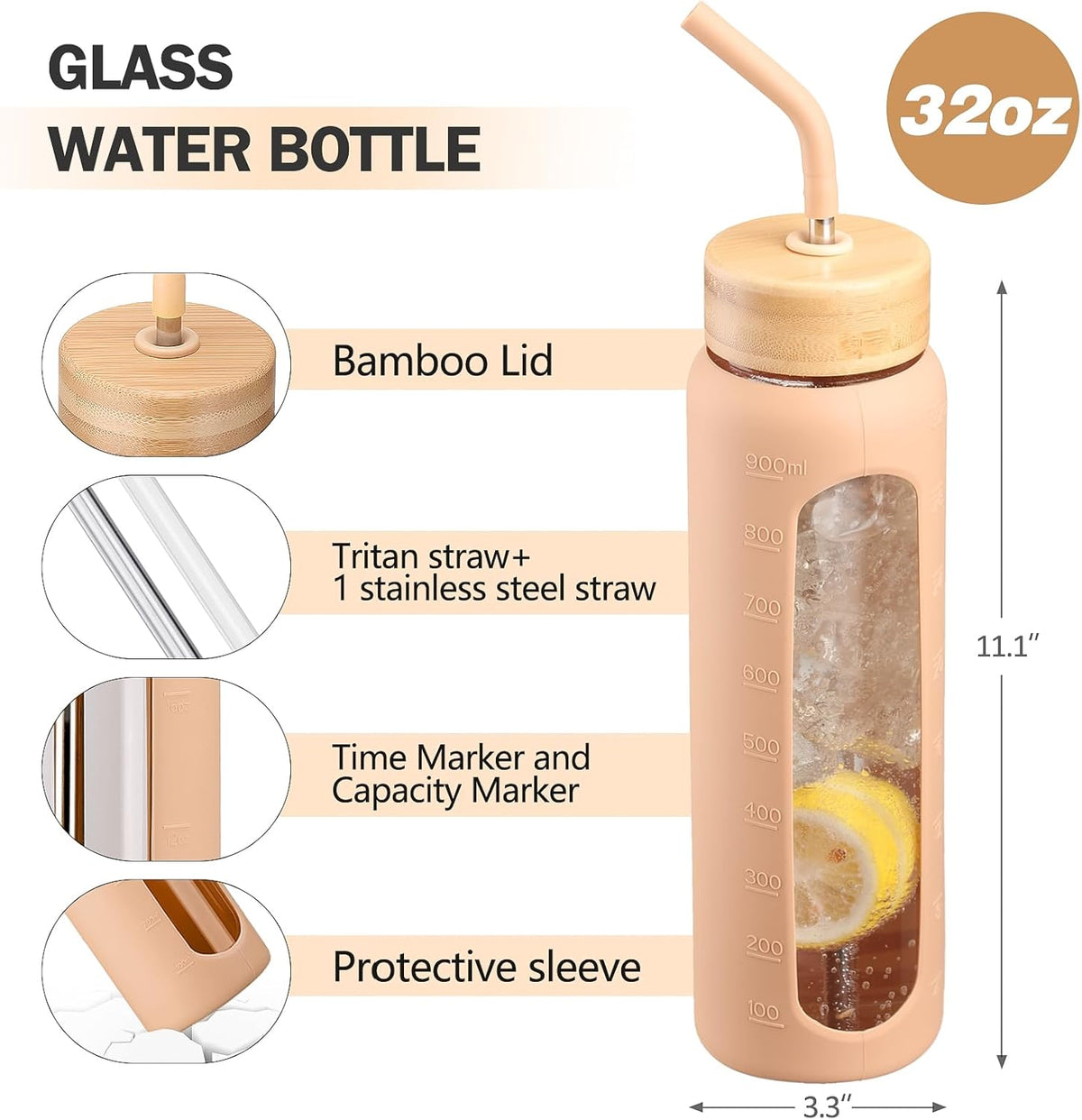 32oz Glass Water Bottle with Straw and 2 Lids- Bamboo Straw and Spout Lid with Phone Holder for Gym, Glass Drinking Bottles with Silicone Sleeve and Motivational Time Marker, Amber