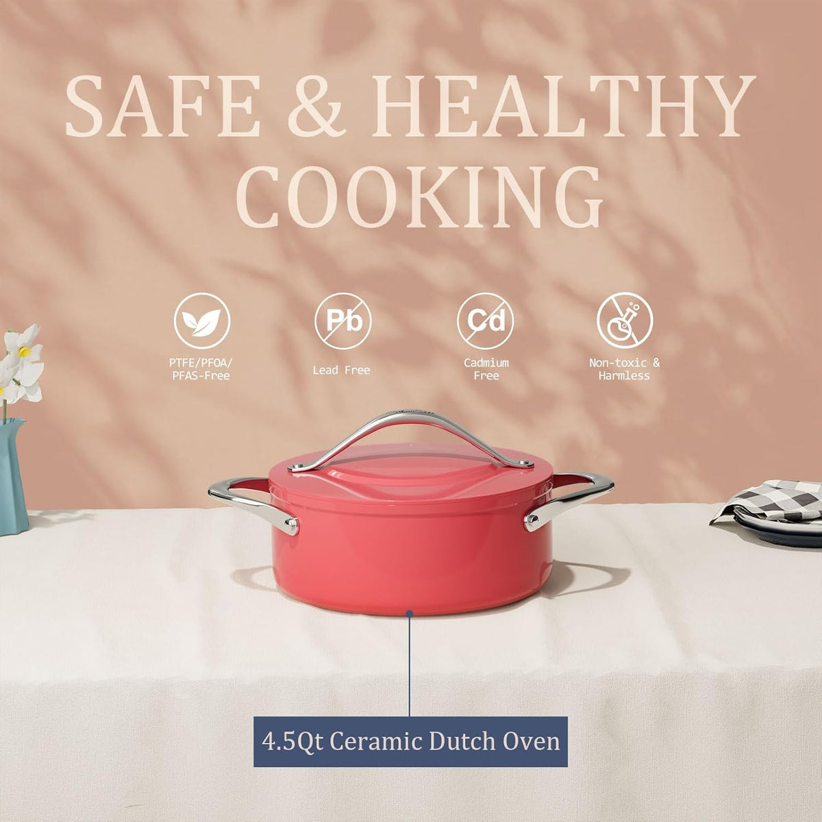 Stock Pot 4.5qt Dutch Oven with Lid (9.5") Nonstick Ceramic Coated Non-Toxic PFAS-Free Even Heat Distribution for Braising, Baking Bread & Soups, Compatible for All Cooktops(Induction/Gas/Electric) Oven Safe to 500°F (Fusion Red)