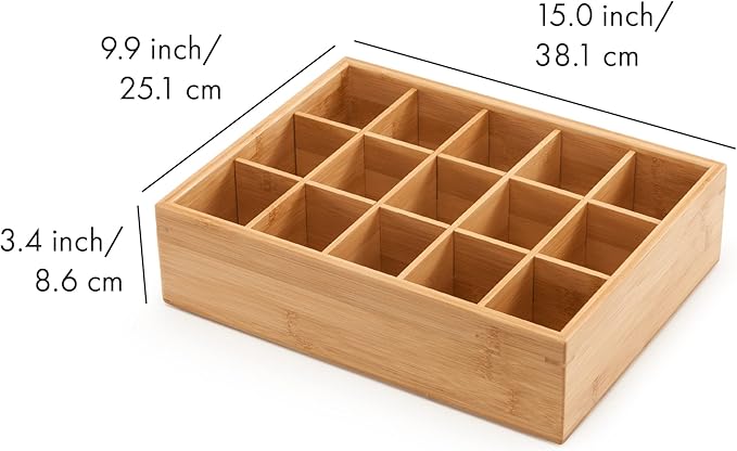 GOBAM Bamboo Closet Drawer Divider - Storage Organizer with 15 Compartments, Drawer Organizer, Storage Box for Belts, Ties, Bras, Briefs, Socks & Jewelry - Natural