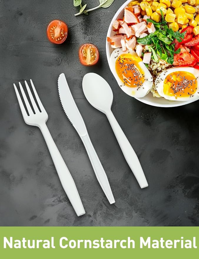 100% Compostable 200 Count No Plastic Spoons, Plastic Utensils, The Heavyweight Heavy Duty Flatware is Eco-Friendly Products for Lounge Party Wedding Office BBQ Picnic Camping.