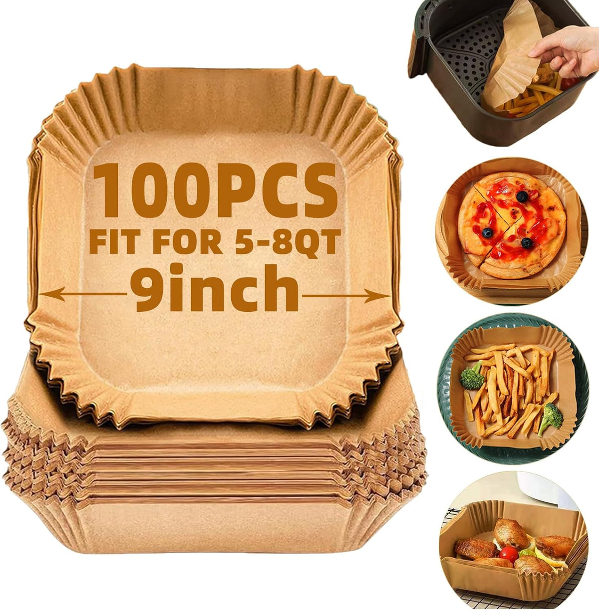 100Pcs Air Fryer Liners Disposable,LYHOLKEER 9inch Airfryer Liners for 5-8QT,Square Air Fryer Parchment Paper Liners for Ninja AF141/AF181/Chefman/Cosori/Instant Pot/Cuisinart and Other 5 to 8Quarts