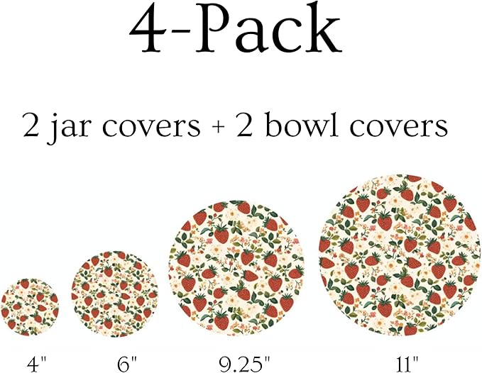 (4-Pack) Sourdough Reuseable Jar & Bowl Covers | Cute Baking Gift | 100% Cotton | Washable | Bread Proofing | Kitchen Food Storage Gifting | Starter Cover Lid Kit (Strawberry)