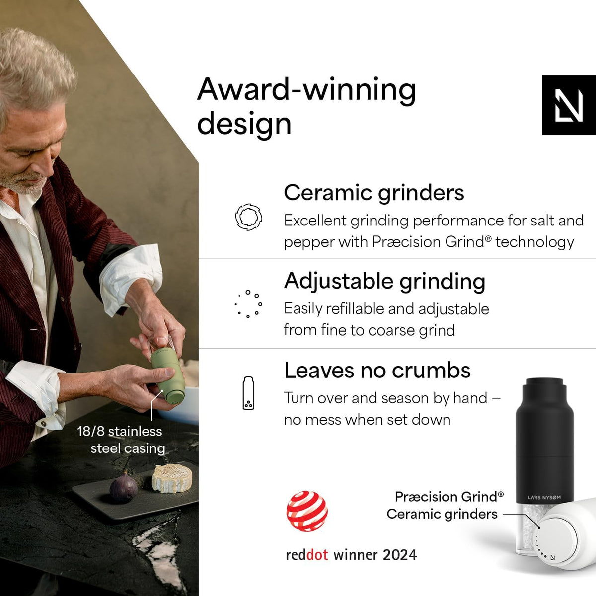 LARS NYSØM Salt and Pepper Grinder Set, Stainless Steel Manual Salt and Pepper Mills, Adjustable Ceramic Grinder, Design Spice Shakers (Black/White)
