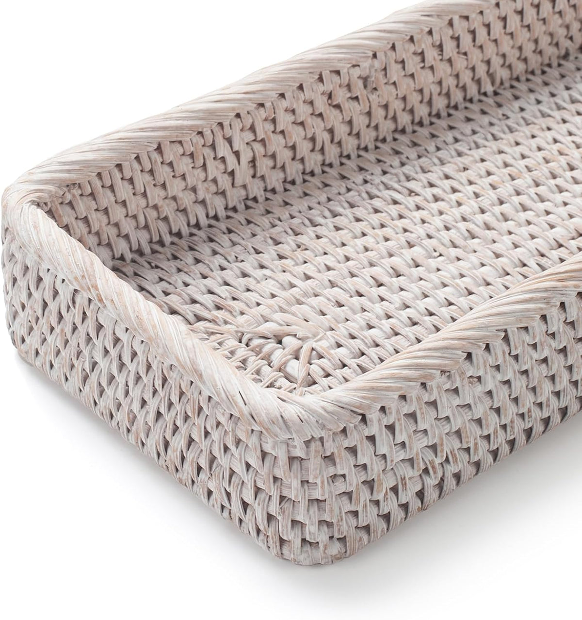 Rattan Bathroom Vanity Tray, Toilet Tank Basket Tray for Paper Hand Towel, Bathroom Counter Tray for Organizing and Decor (Whitewash, 16.3" x 6.1" x 2")