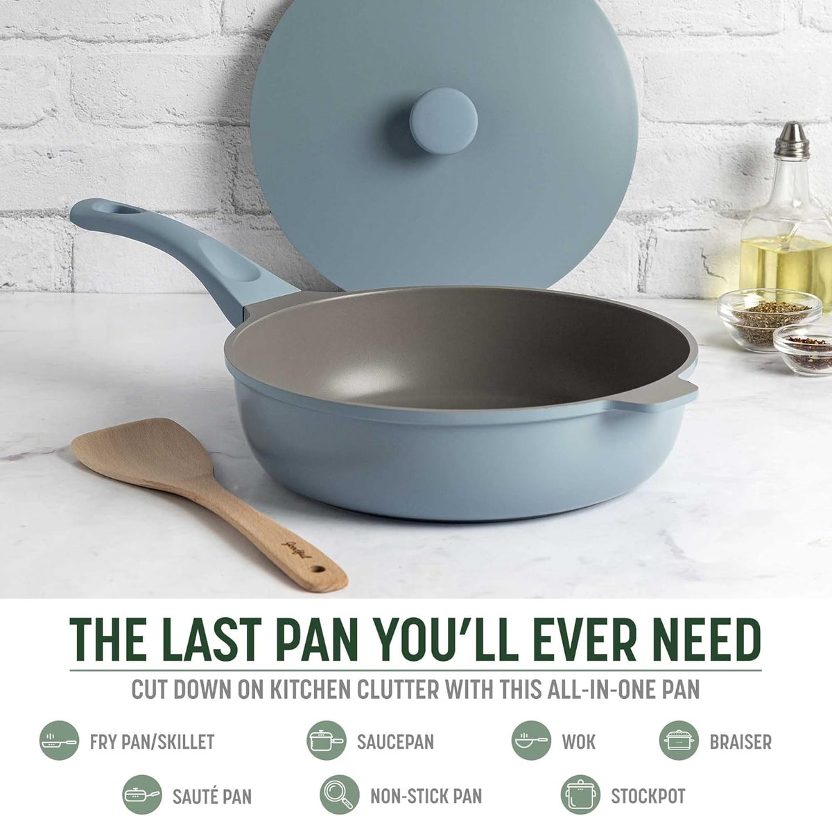 Goodful All-in-One Pan, Multilayer Nonstick, High-Performance Cast Construction, Multipurpose Design Replaces Multiple Pots and Pans, Dishwasher Safe Cookware, 11-Inch, 4.4-Quart Capacity, Blue Mist