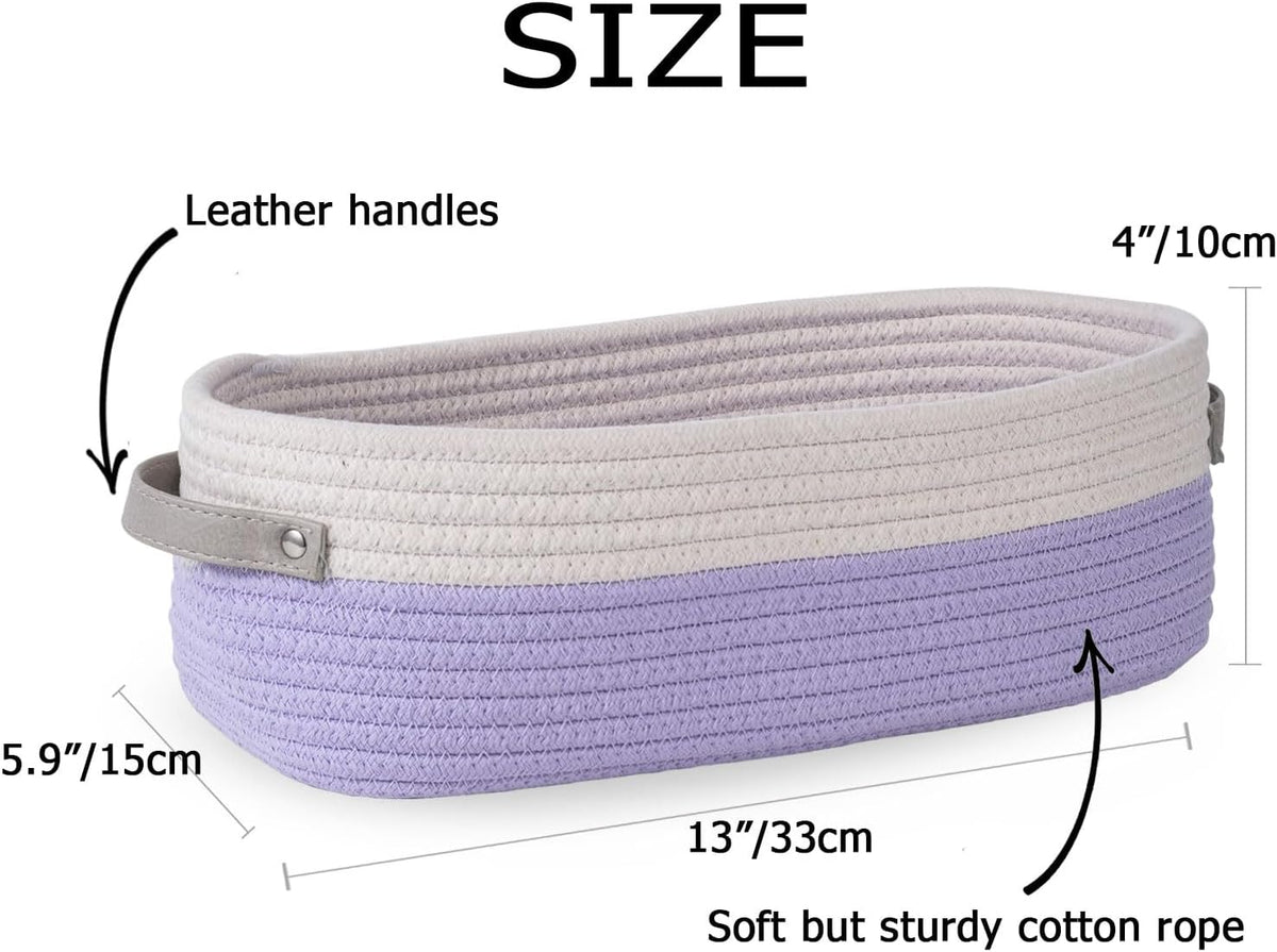 2 Pack Small Cotton Rope Woven Basket Toilet Paper Baskets for Organizing Decorative Baskets for Boho Decor Small Storage Basket 13"x5.9"x4" Purple