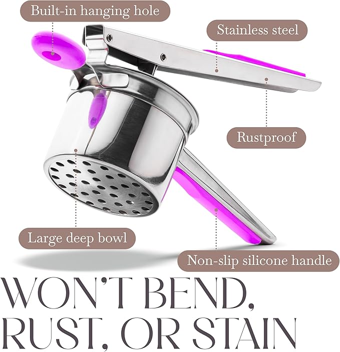 Bellemain Heavy-Duty Stainless Steel Potato Ricer & Masher | 15 oz, Perfect for Mashed Potatoes | Kitchen Tool with 3 Interchangeable Discs (Purple)