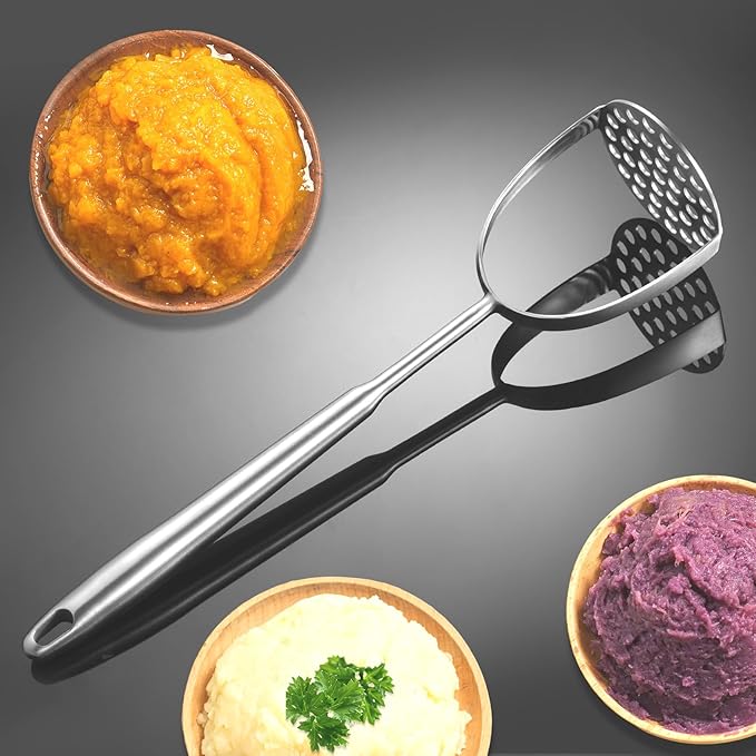 Heavy Duty Mashed Potatoe Masher, Professional Integrated Stainless Steel Potato Masher, Food Masher for Avocado, Potatoes, Beans, Meat, Vegetables, Dishwasher Safe (Heavy Duty stainless steel Masher)