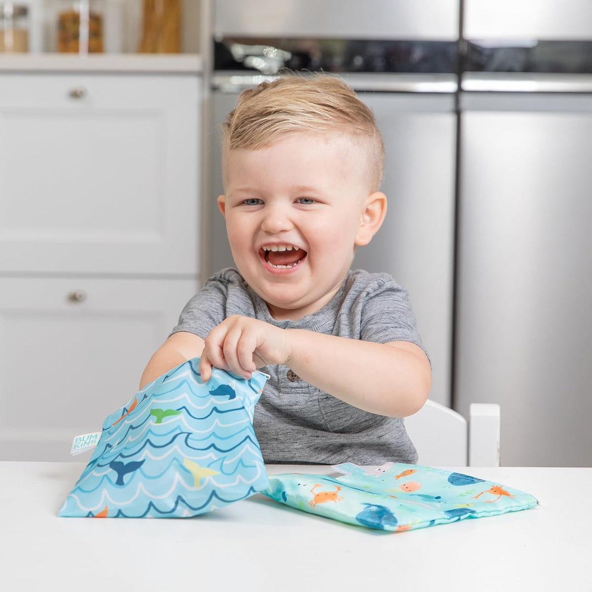 Bumkins - Cloth Snack & Sandwich Bags - For Storage, Travel, Food Prep, Lunch - Reusable, Water Resistant, Washable, Dishwasher Safe - Snack Bags for Kids - Zipper Closure - Ocean Life - 4 Pack