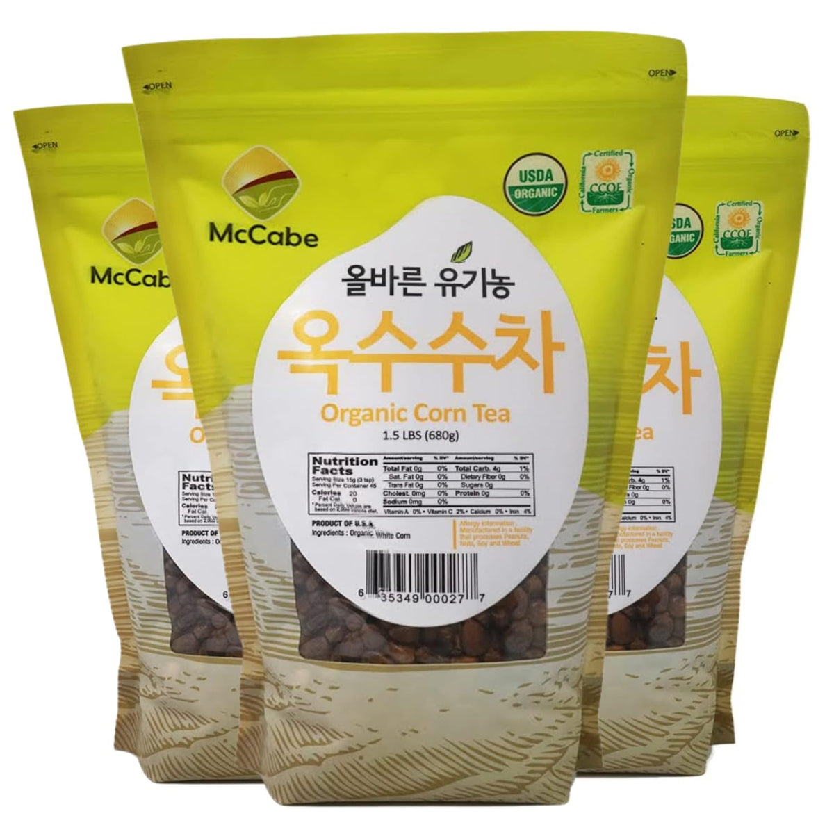 McCabe Organic Corn Tea - Roasted Corn Tea | USDA and CCOF Certified | Non-GMO Whole White Corn | Roasted and Packed in USA | 1.5 lbs (24 Oz) Pack of 3