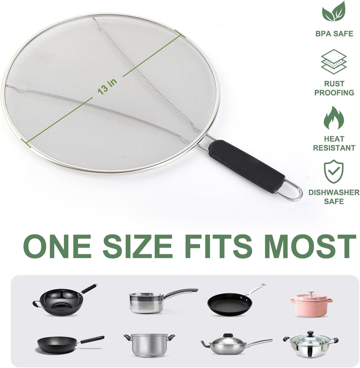 13'', 11.5'', 9.8'' Stainless Steel Grease Splatter Guard for Frying Pan with Comfortable Grip Handle, Ultra Fine Mesh Prevents Oil Splatters and Messes, Heavy Duty Splatter Screen