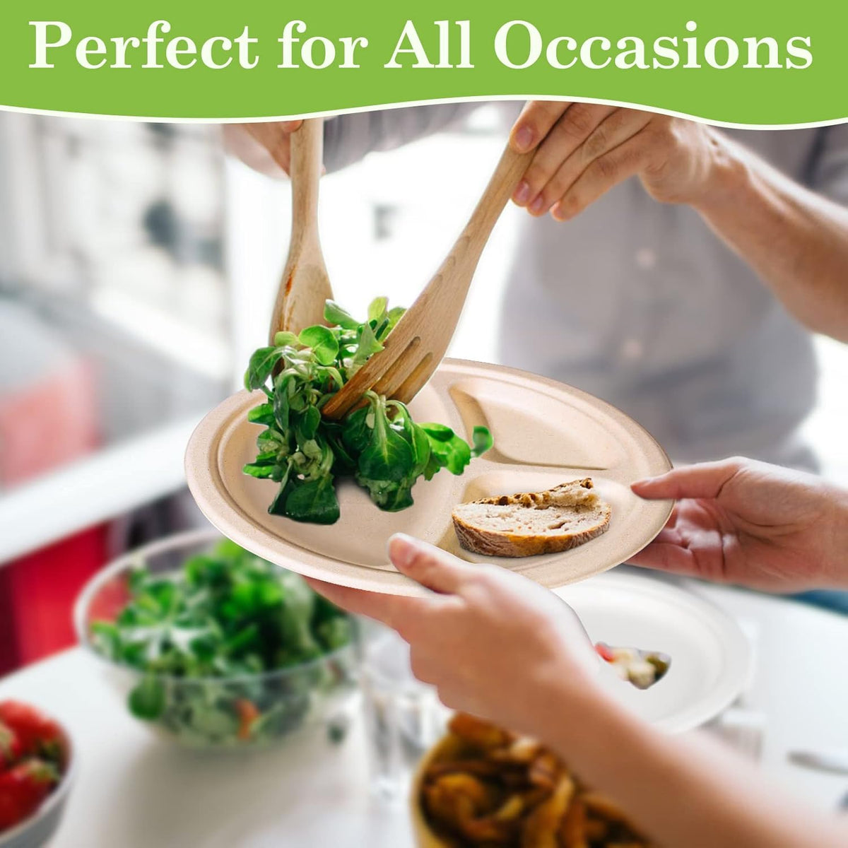 9 inch 3 Compartment Paper Plates - 50 Pack, Heavy Duty, Divided, Compostable