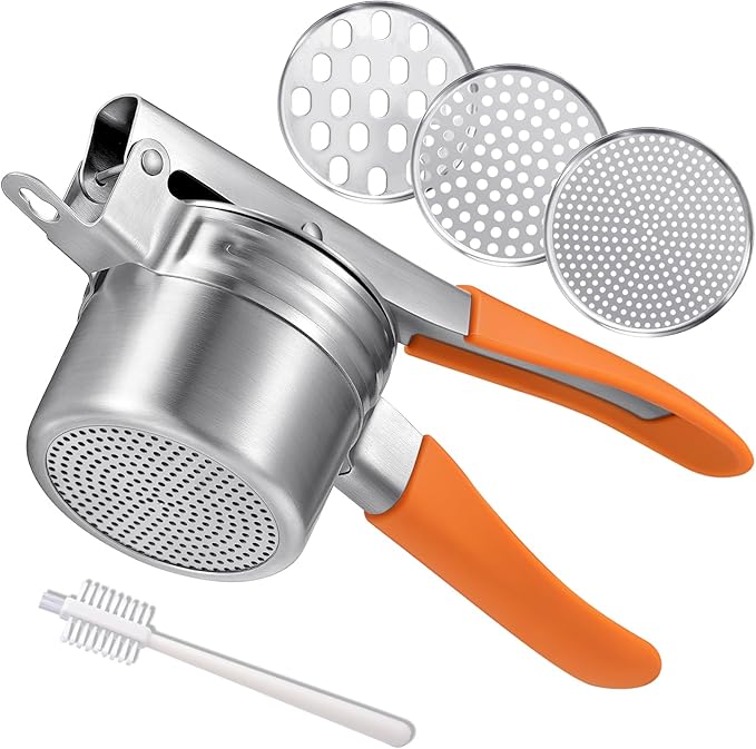 Potato Ricer, AMOHEE 15oz/425g Large Stainless Steel Potato Masher Upgrade Heavy Duty Design with Anti-Slip Handle Ricer for Mashed Potatoes & Food Press for Fruits, Carrots, Yams, Orange