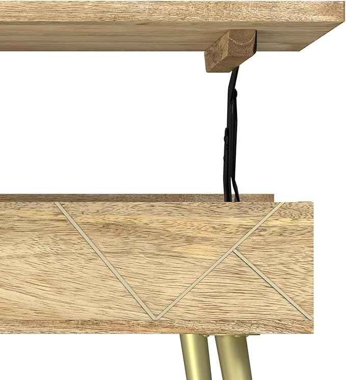 SIMPLIHOME Jager Lift Top Coffee Table - 36 inch Wide Solid Mango Wood Contemporary Modern Cocktail Table in Natural, Stylish Living Room Table with Hidden Storage, Brass Inlay, and Gold Metal Legs