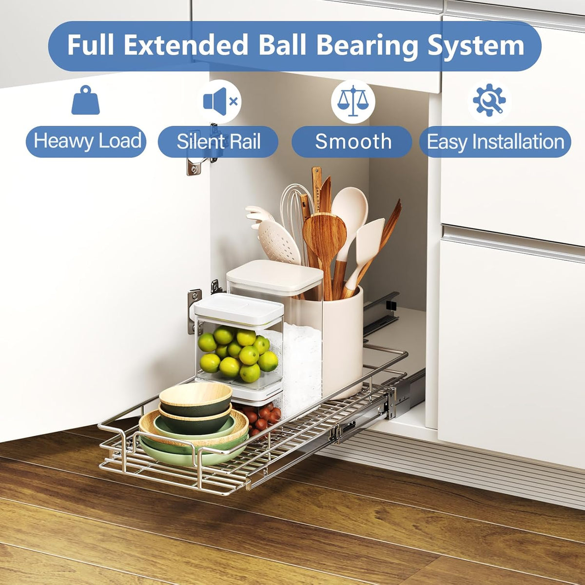 ROOMTEC Pull Out Cabinet Organizer, Cabinet Pull Out Shelves 7½" W x 21½" D, Heavy Duty Cabinet Drawers Slide Out Kitchen Cabinet Organizers Storage Shelf