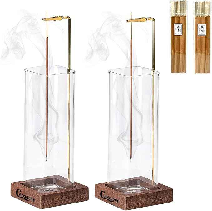 Ceremony Incense Holder,2Pack Wood Incense Holder for Sticks with Glass Ash Catcher,Incense Burner for Meditation Yoga Spa Room Decor