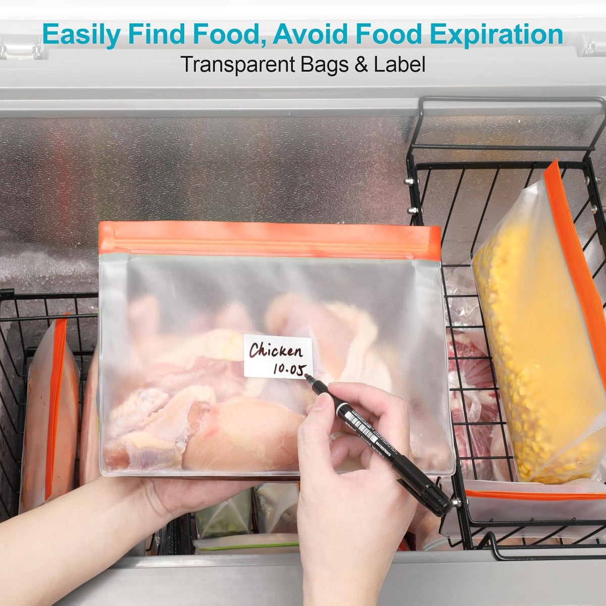 iSPECLE 10 Pack Freezer Bags - 3 Pack Gallon Bags 4 Pack Sandwich Bags 3 Pack Snack Bags BPA-Free Reusable Freezer Bags with Stand-Up Bottom and Label, Leakproof to Keep Frozen Food Fresh, Orange