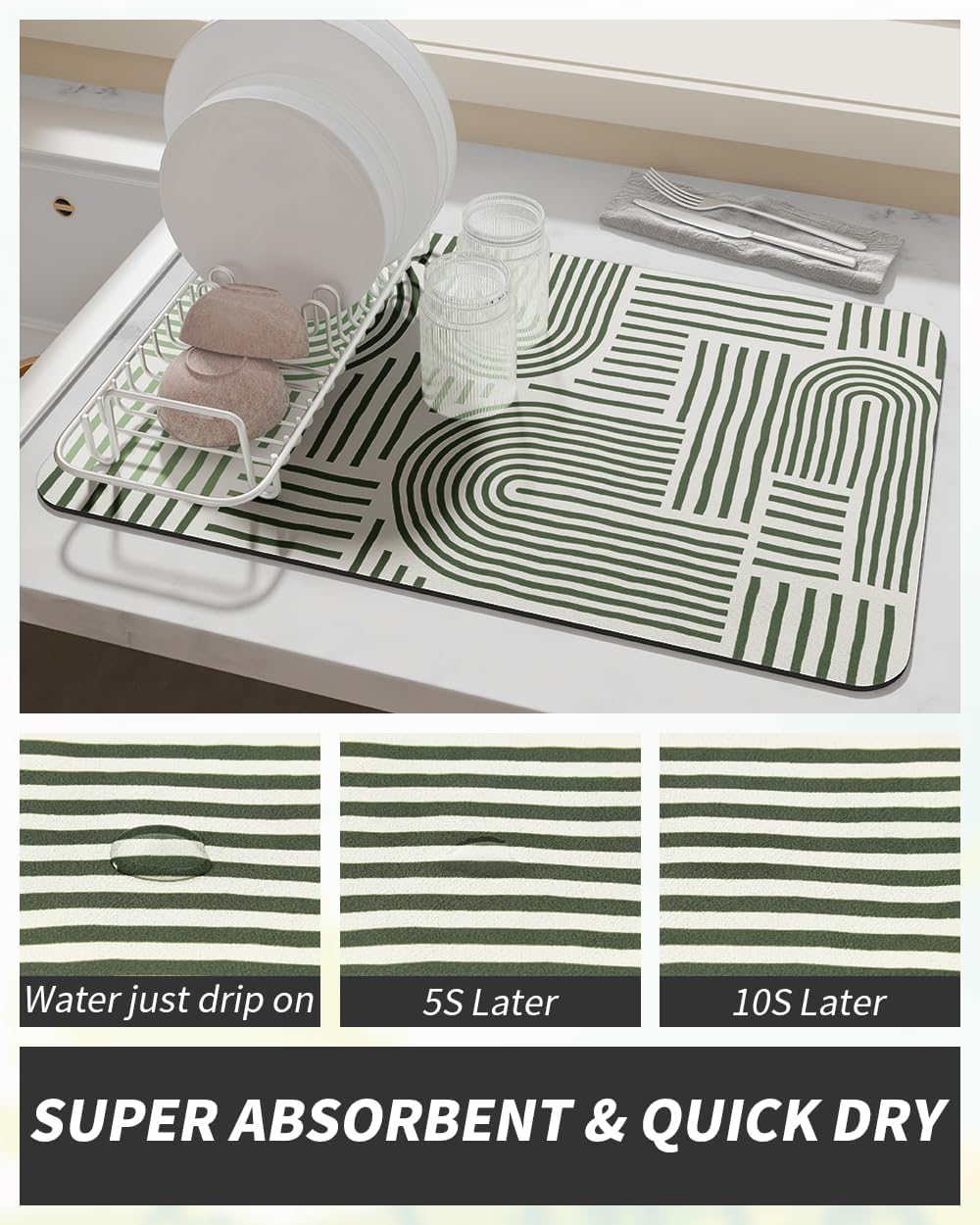 AMOAMI Coffee Mat Hide Stain Rubber Backed Absorbent Dish Drying Mat for Kitchen Counter - Fits Under Coffee Maker or Machine - Green Line 17x31.5