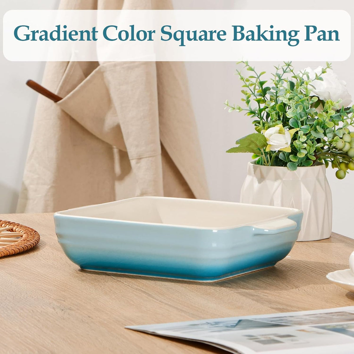 NUTRIUPS 8x8x2.4 inch Square Baking Dish, 50 Oz /1.6 Qt Ceramic Baking Pan with Handles, Casserole Dish for Oven, Porcelain Bakeware (Gradient Blue)