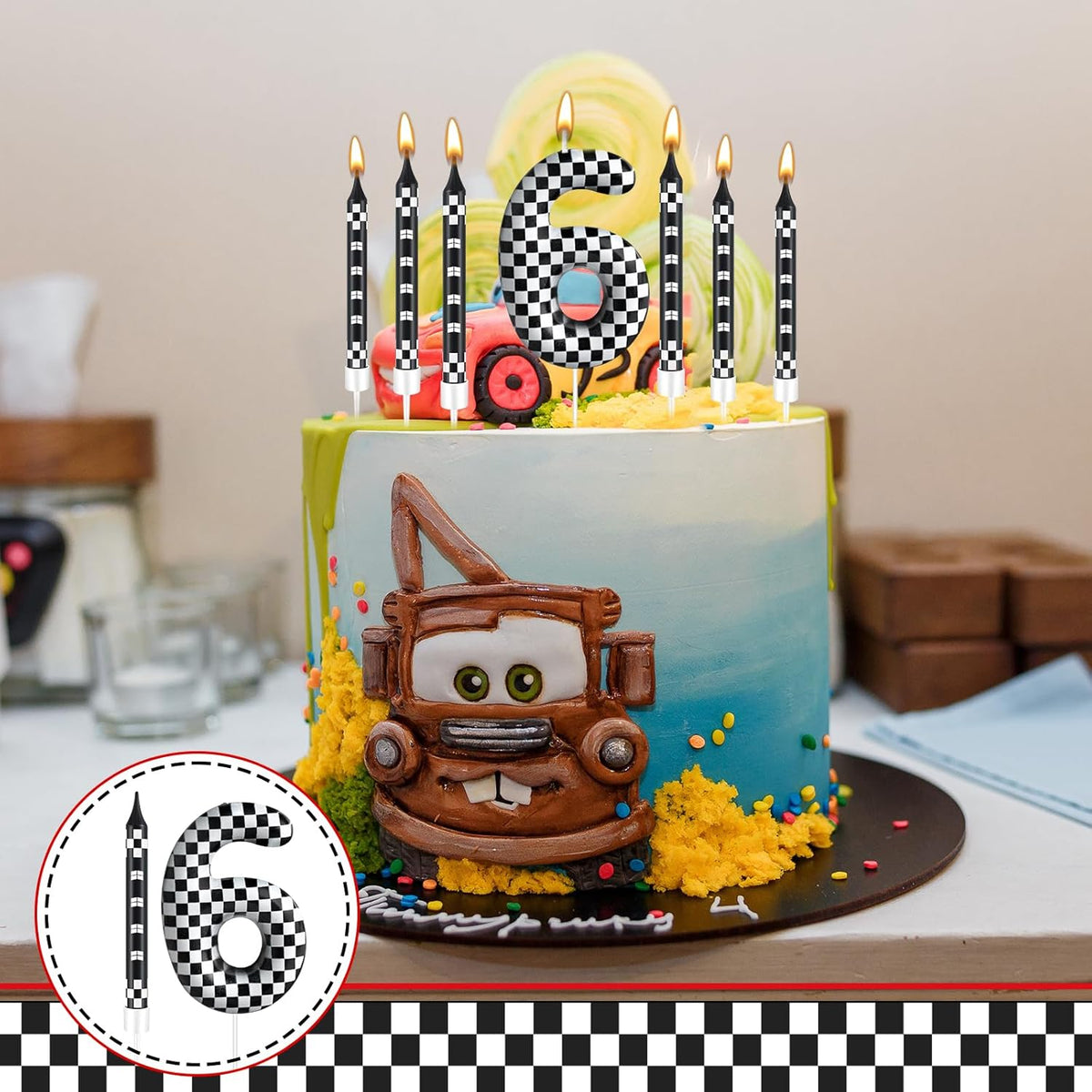 13 Pcs Racing Cars Themed Birthday Candles 12 Black and White Race Number 6 Checkered Candle Cake Topper for Racing Car Party Decoration Supplies (Number 6)