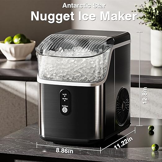 Antarctic Star Nugget Ice Makers Countertop, Pebble Ice Machine with Chewable Pellet Ice, 34Lbs/24H, Self-Cleaning, Sonic Ice, One-Click Operation, for Kitchen,Office Stainless Steel Black