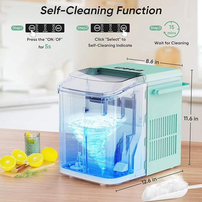 DUMOS Ice Makers Countertop with Handle Ice Machine, Fast in 6 Mins, 26lbs in 24 Hours, Quiet Self-Cleaning, Compact Size Portable for Home, Kitchen, RV, Camping,Modern Green