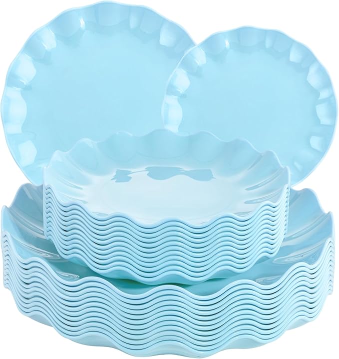 LIYH 24 Pcs Blue Plastic Plates Reusable - Unbreakable Light Blue Scalloped Plates, Dishwasher Safe Camping Plate for Parties, Birthday, Picnics, BPA Free (12Guests)