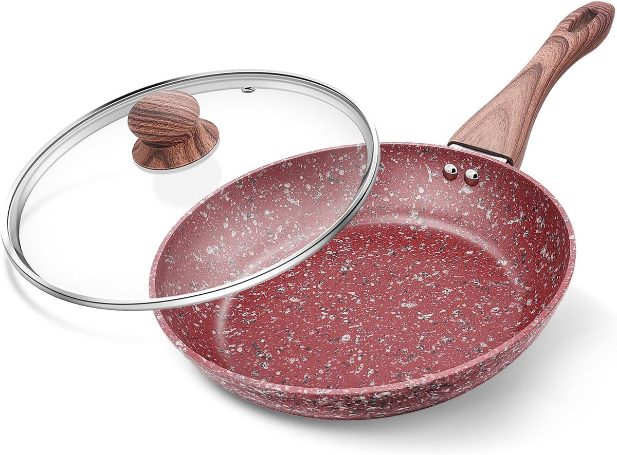 KOCH SYSTEME CS 12" Red Granite Non-Stick Frying Pan with Lid, Classic Pans with Non-toxic Nonstick Coating, Aluminum Skillet with Heat-resistant Bakelite Handle, Induction Compatible Frying Pan