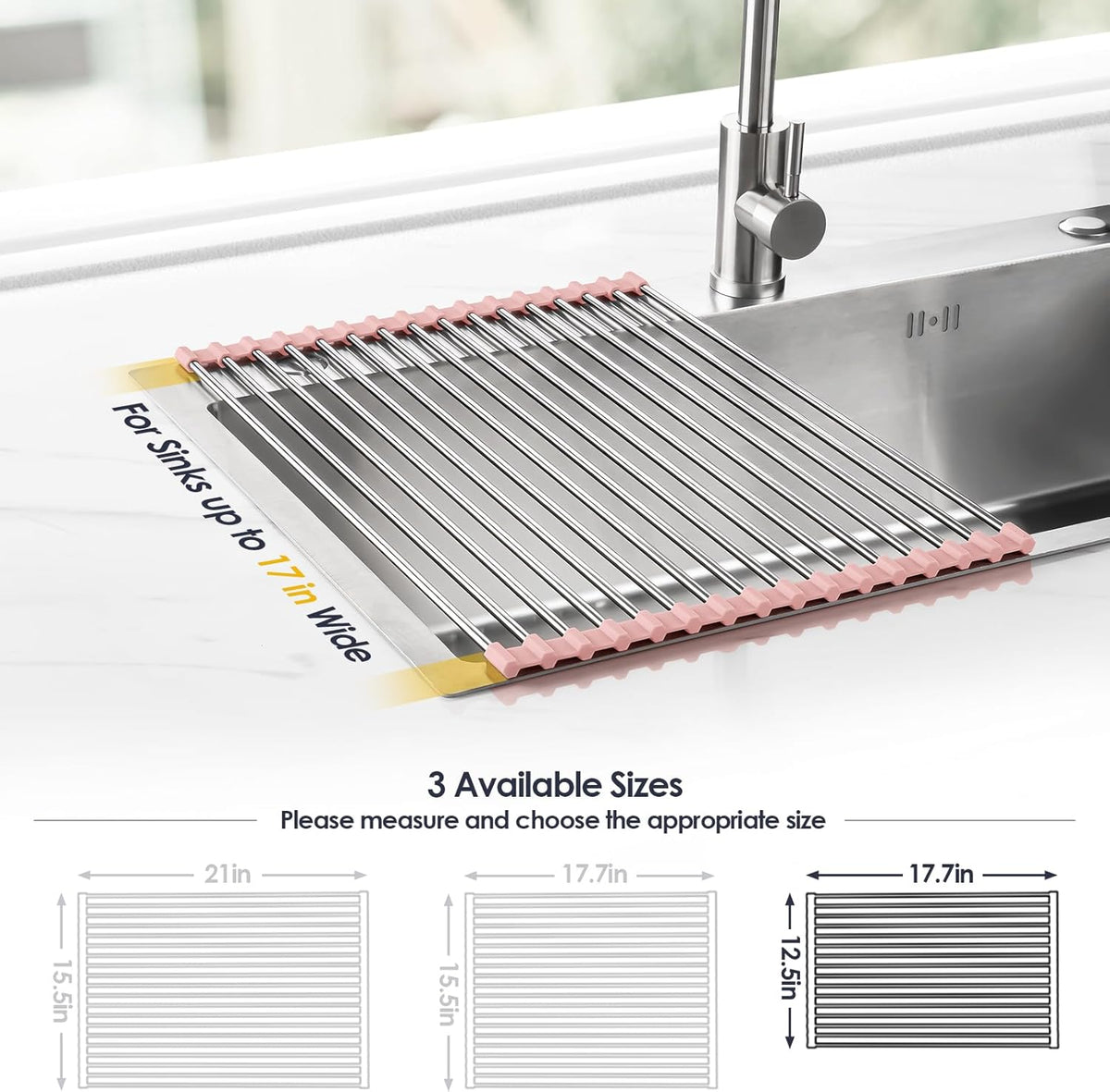 Tomorotec 17.7" x 12.5" Roll Up Dish Drying Rack Over Sink Drying Rack Sink Cover Kitchen Sink Accessories Gadget Multipurpose Organizer Foldable Stainless Steel Drainer