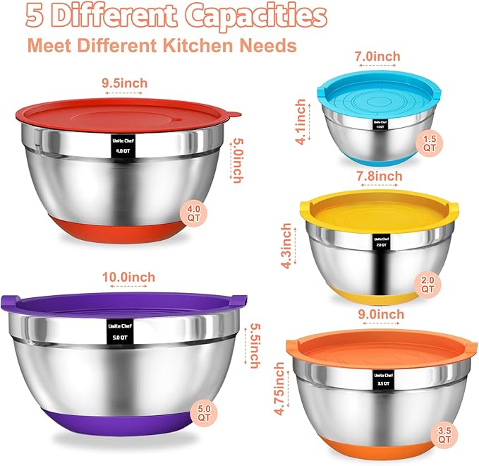 Umite Chef Mixing Bowls with Airtight Lids Set, 8PCS Stainless Steel Nesting Bowls Set, 3 Grater Attachments & Non-Slip Bottoms, Size 5, 4, 3.5, 2, 1.5QT for Baking & Mixing(Colorful)