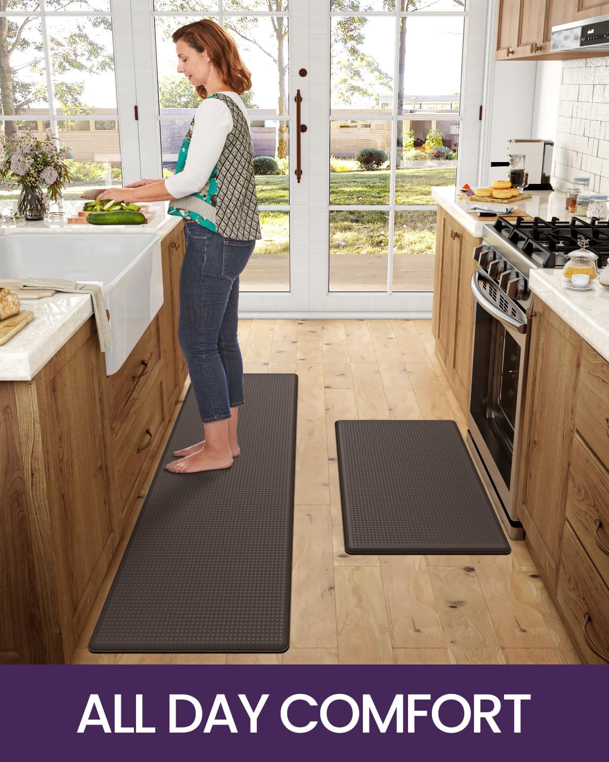 DEXI Kitchen Floor Mats Cushioned Anti Fatigue,17x29+17x59, Standing Runner Rug Waterproof, Comfort Memory Foam Padded for Front Sink Laundry Set of 2, Brown