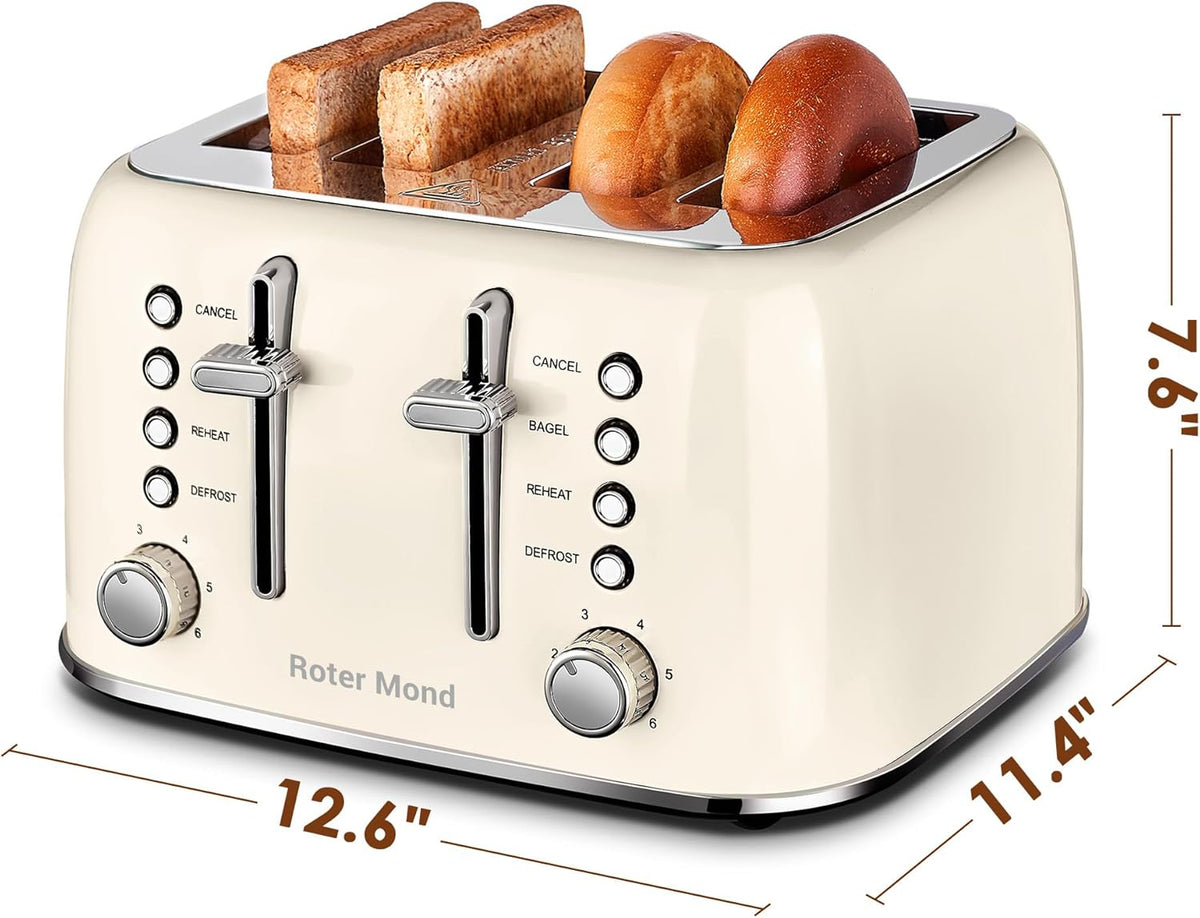 Toaster 4 Slice Retro Stainless Steel with Extra Wide Slots Bagel, Defrost, Reheat Function, Dual Independent Control Panel, Removable Crumb Tray, 6 Browning Levels, Cream White