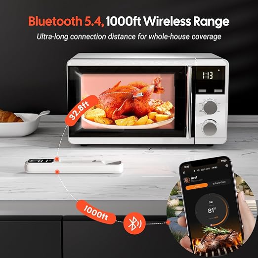 Wireless Meat Thermometer Digital with Clear White LED Display,1000ft Bluetooth 5.4 Meat Thermometer, 4 inches Short Smart Food Thermometer Probe for BBQ, Grill, Rotisserie