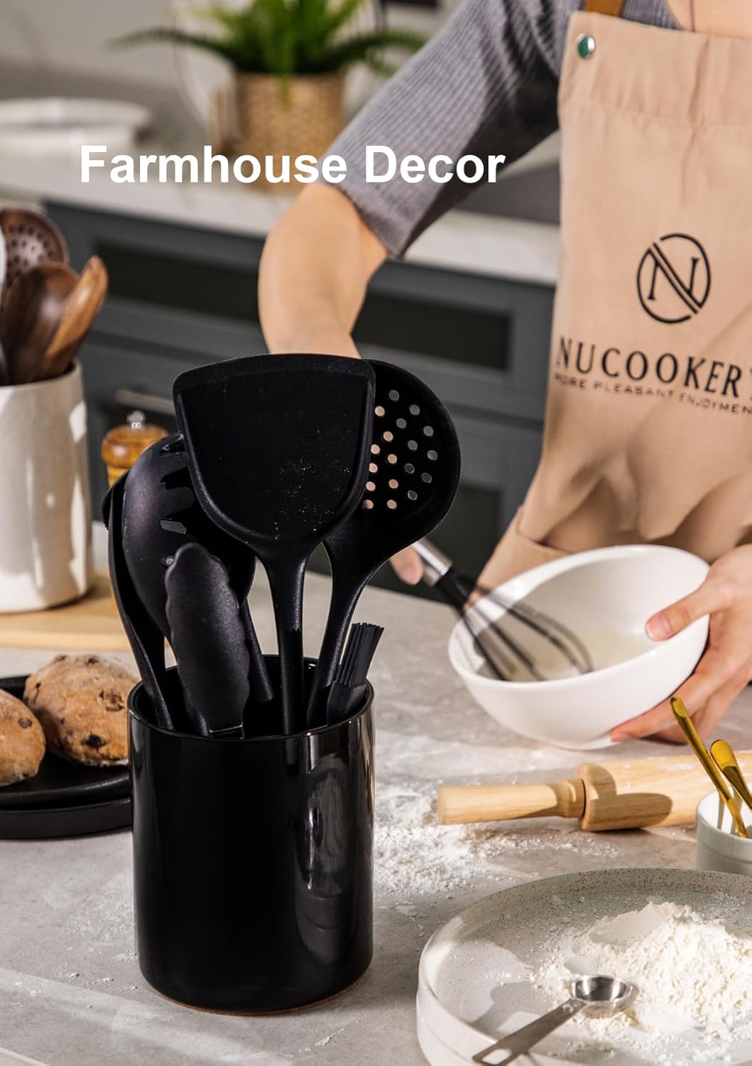 Nucookery Utensil Holder, 6.4" Ceramic Kitchen Utensil Holder with Countertop-Protection Cork Bottom, Farmhouse Kitchen Decor for Counter (Black)