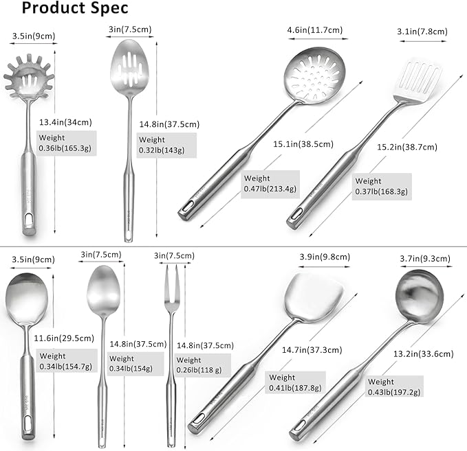 304 18/10 Stainless Steel Kitchen Utensils Set 9 Pcs Long Cooking Utensil, Spatula, Soup spoon, Leaking shovel, Ladle, Tunner, Pasta Server, Meat Fork Kitchen Tools Set (9 Pieces Set)