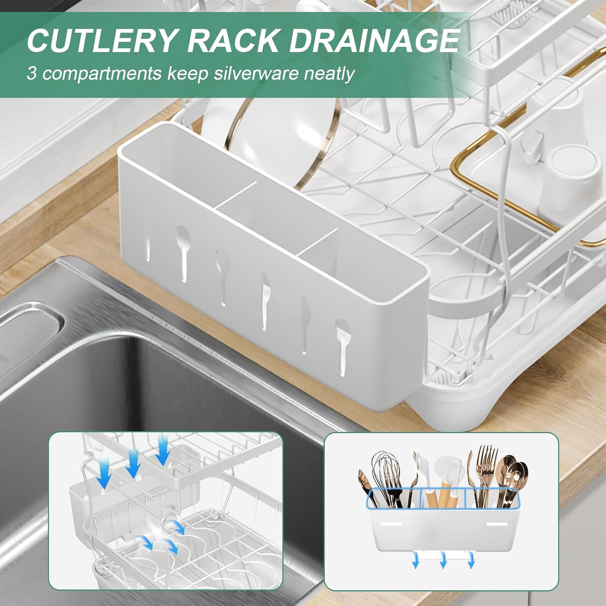 Dish Drying Rack, Two-Tier Dish Drying Rack with Utensil Holder and Cutlery Tray – Auto-Draining Large Capacity Dish Drainer with Drainboard for Kitchen Counter, White