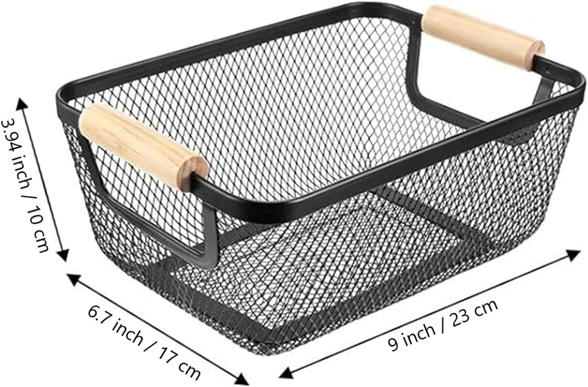 2 Pack Metal Mesh Steel Basket, Small Wire Storage Organizer Basket Multi-function Hanging Kitchen Basket Fruit Baskets with Wood Handle for Kitchen Picnic Cabinet Home Decor, Rectangle-Black