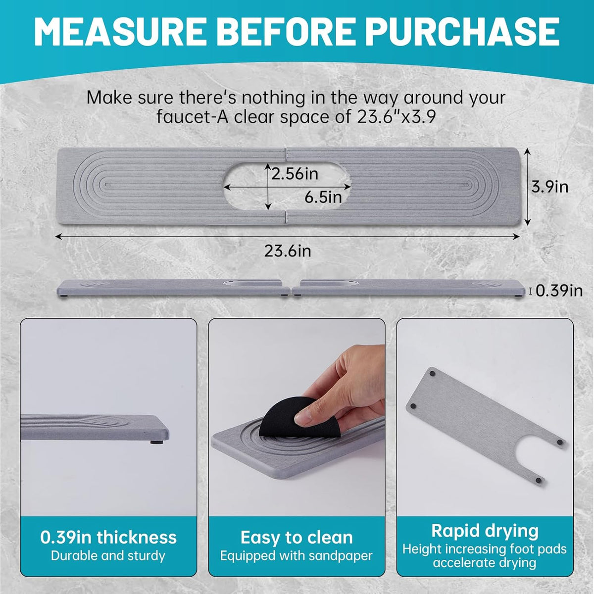 Stone Faucet Mat for Kitchen Sink with Oval Hole – 23.6" × 3.9" Diatomite Drying Stone Mat & Sink Protector, Quick-Dry Splash Guard Water-Absorbing Tray for Bathroom Counter（Gray.23.6" x 3.9"