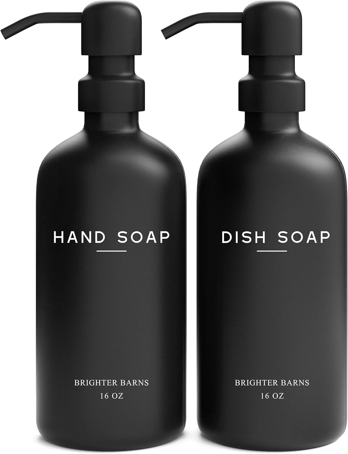Black Glass Hand and Dish Soap Dispenser Set by Brighter Barns - Kitchen Soap Dispenser Set & Pump - Glass Bottles for Kitchen Sink - Modern Farmhouse Counter Decor, Neutral Home Decor, Gifts (Black)