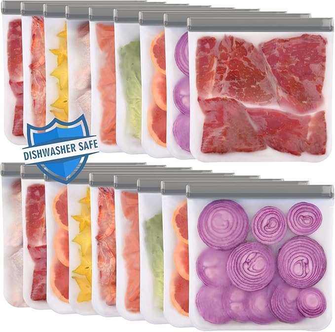 Lerine 18 Pack Reusable Gallon Freezer Bags Dishwasher Safe, BPA Free Reusable freezer Bags 1 Gallon, Leakproof Food Storage Bags for Meal Prep, Fridge Kitchen Organization (Gray, 18Gallon)