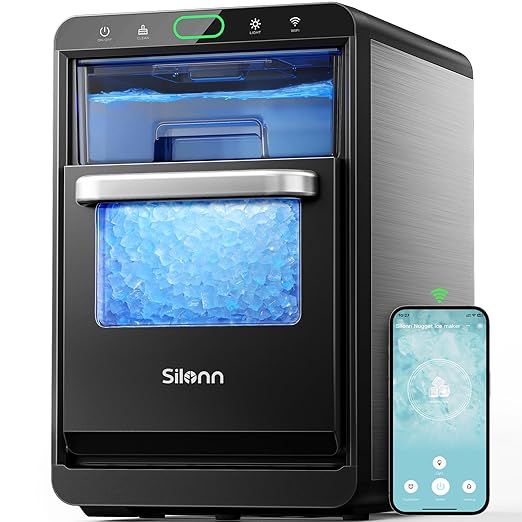 Nugget Ice Maker Countertop - Silonn Smart Pebble Ice Machine, Pellet Ice 44 lbs per Day, Crushed Ice from Timer Function and Status Alerts with Silonn App, Stainless Steel