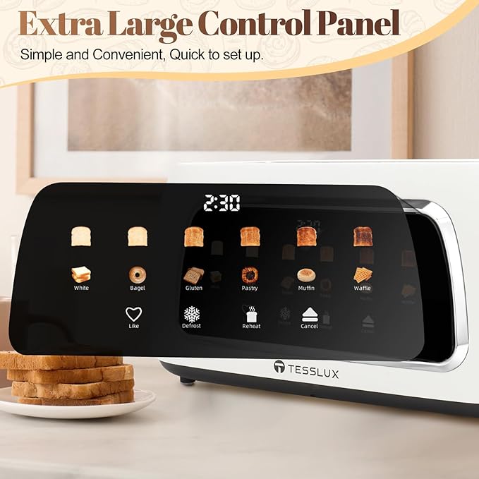 Tesslux 4 Slice Toaster with Touch Screen Control, 1.5" Wide Long Slots, 6 Browning Levels & 6 Bread Types, Digital Timer, Memory, Defrost, Reheat (WHITE)