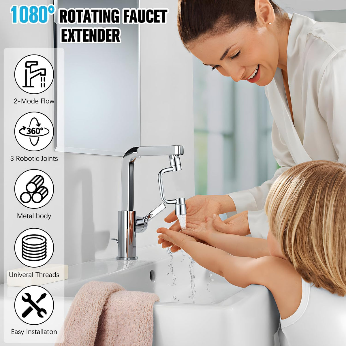 Rotatable Faucet Aerator,1080° Swivel Faucet Extender,Heavy Duty Rotating Sink Extension, Universal Swivel Multifunctional Robotic Arm,2 Spray Modes for Kitchen & Bathroom