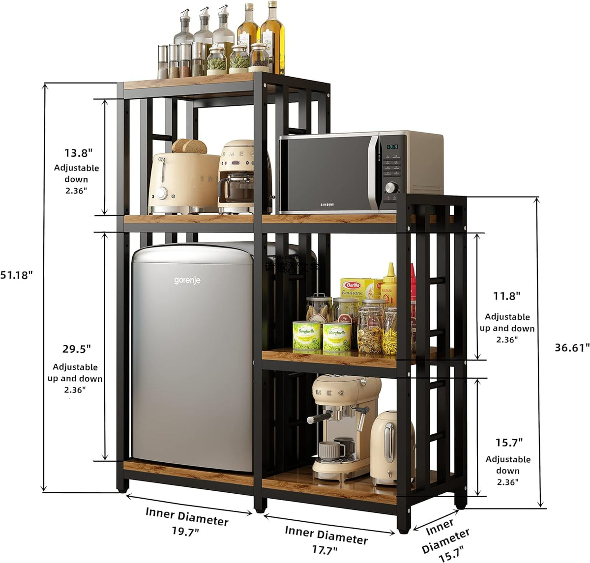 BRIGHTSHOW Kitchen Storage Shelf Bakers Rack, 6-Tier Coffee Bar Table, Kitchen Microwave & Mini Fridge Stand Shelves for Spices, Pots and Pans (52 x 40 x 17.5inch) (Tiger Brown)